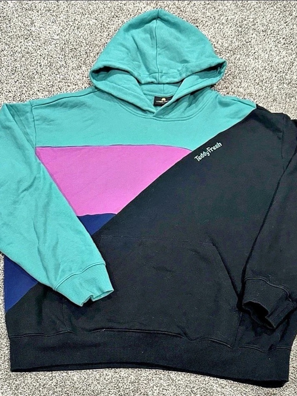 Teddy Fresh Color Block Hoodie Black & Turquoise XL